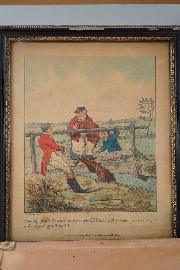 After Henry Thomas Alken (1784-1851), set of six colour prints, Hunting scenes, published by Thomas Mclean, 1826, 27 x 22cm. Condition - fair, discolouration throughout